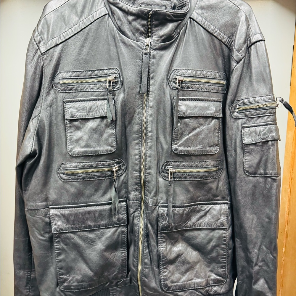 7 Diamonds Men's Black Leather Military Jacket